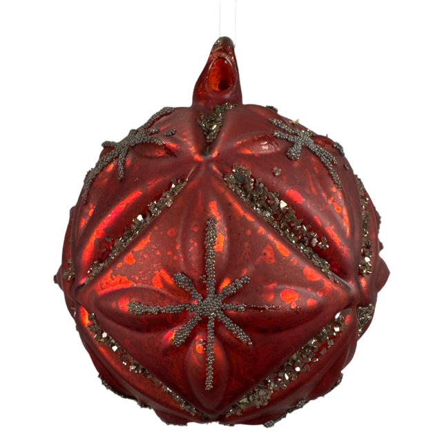 Red glitter relief glass ornament with a textured finish.