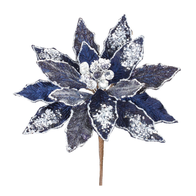 Midnight blue poinsettia stem with deep inky blooms.