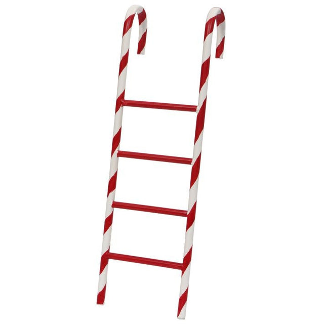 Candy stripe ladder decoration with hanging hooks, in red and white.