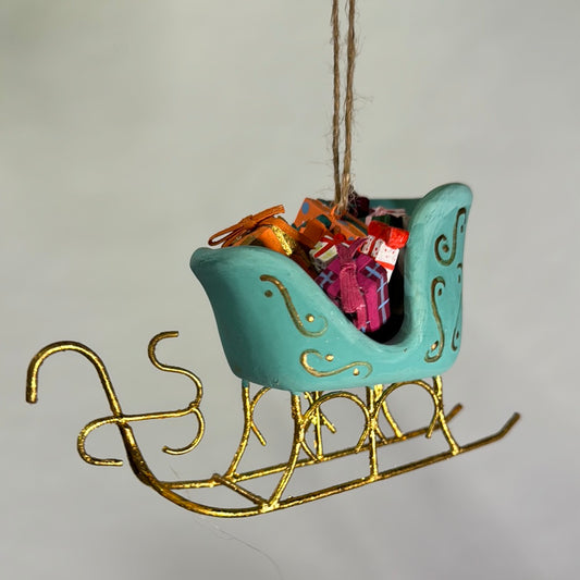 Sleigh ornament piled with presents, alternate view.
