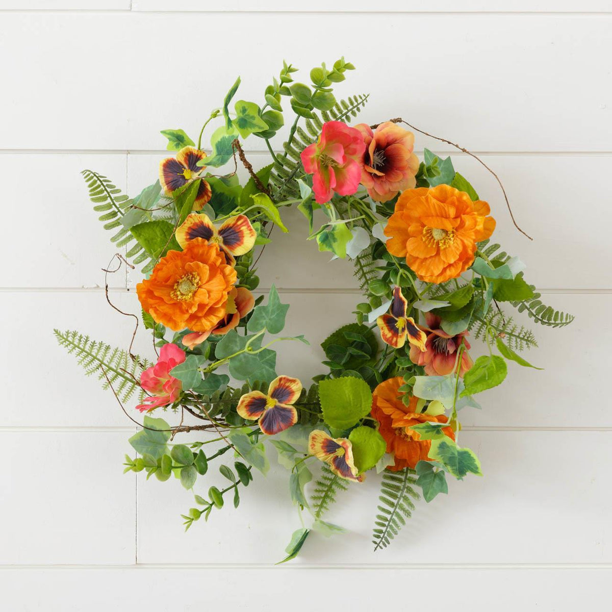Poppy pansy wreath, 13 inch, for Christmas door and mantel decorating