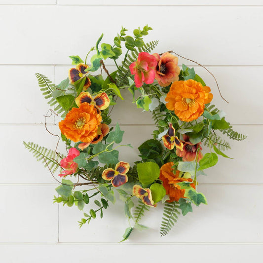 Poppy pansy wreath, 13 inch, for Christmas door and mantel decorating