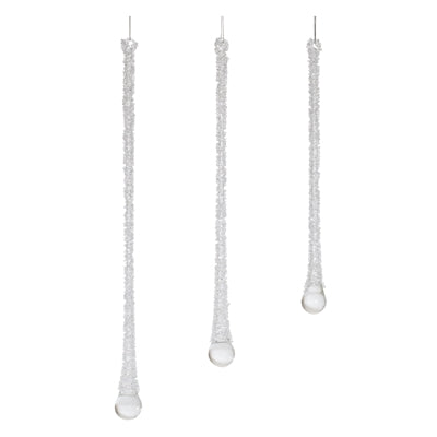 Clear glass icicle drop ornaments, shown as a set of three.