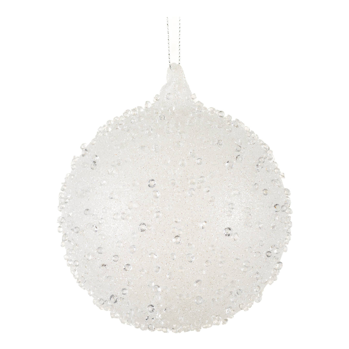 White snowball ornament with icy beaded texture, 5 inches
