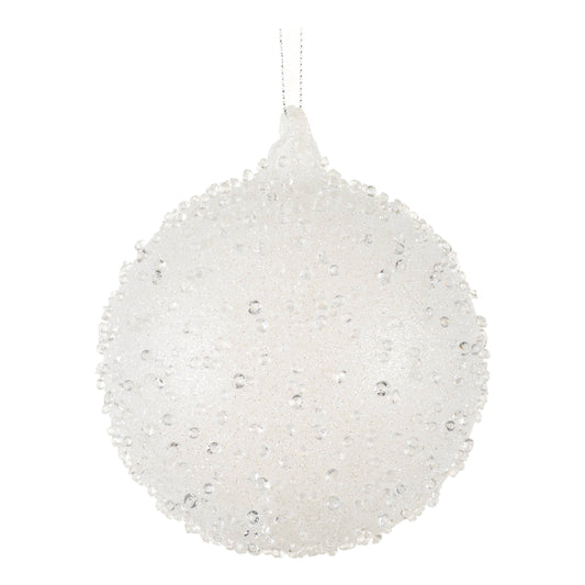 White snowball ornament with icy beaded texture, 5 inches