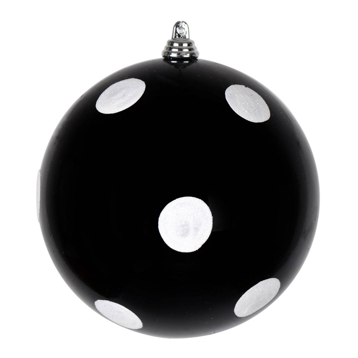 Black glass ball ornament with white polka dots, 4.5 inches
