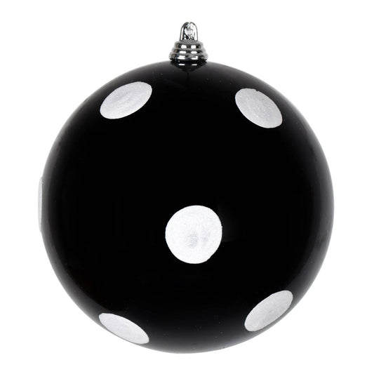 Black glass ball ornament with white polka dots, 4.5 inches