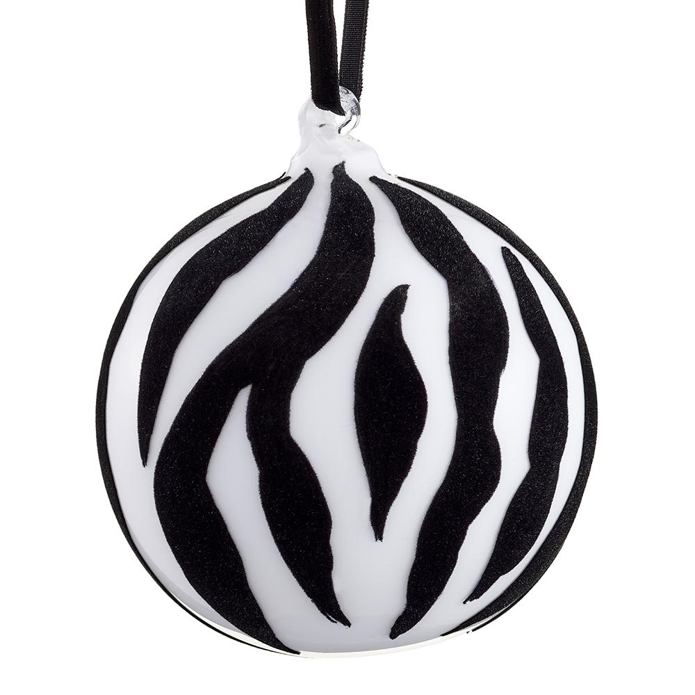 Black and white zebra print glass ball ornament, 4 inches