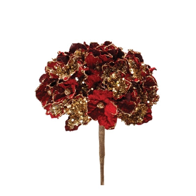 Burgundy hydrangea stem with full clustered blooms.