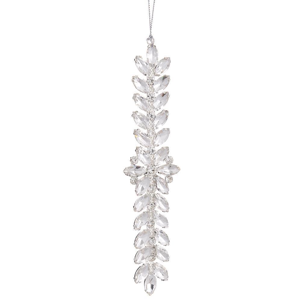 Silver rhinestone drop ornament with faceted crystal leaf drops, 7 inches