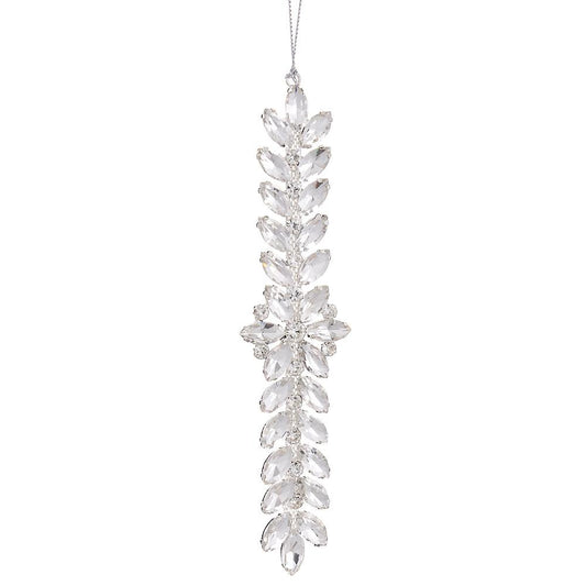 Silver rhinestone drop ornament with faceted crystal leaf drops, 7 inches