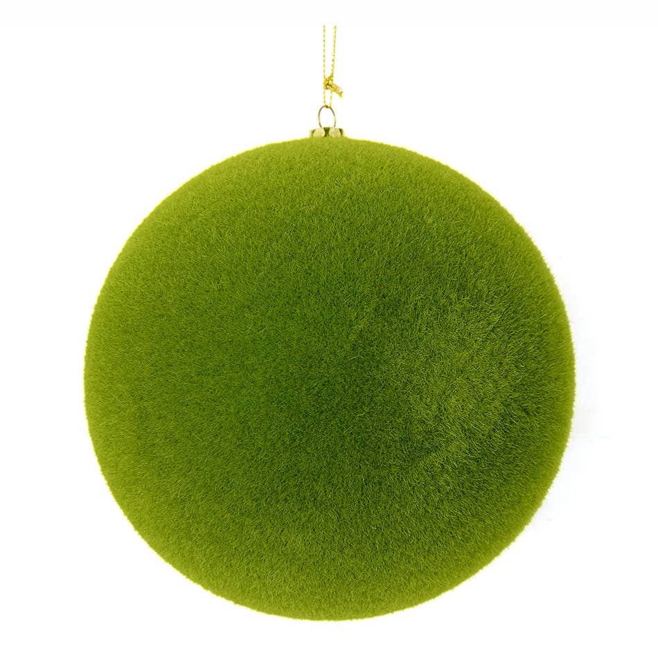 Green flocked moss ball ornament with fuzzy texture, 8 inches