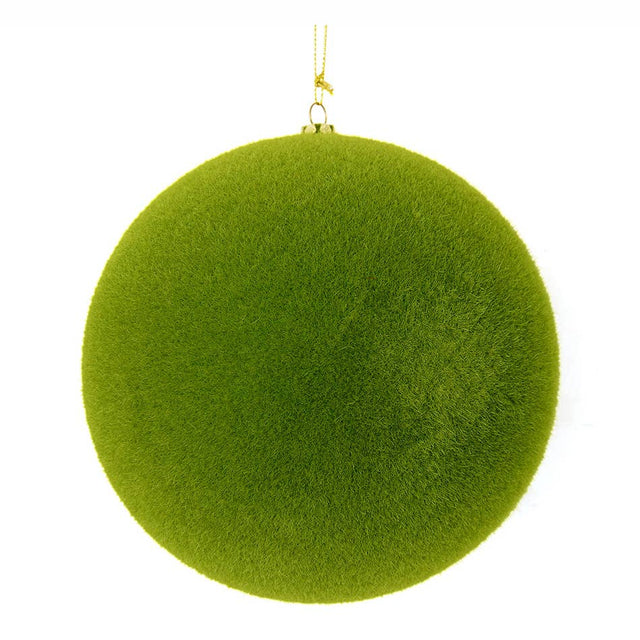Green flocked moss ball ornament with fuzzy texture, 8 inches