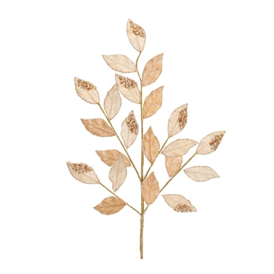 Leaf spray beaded in champagne with fine beaded leaves.