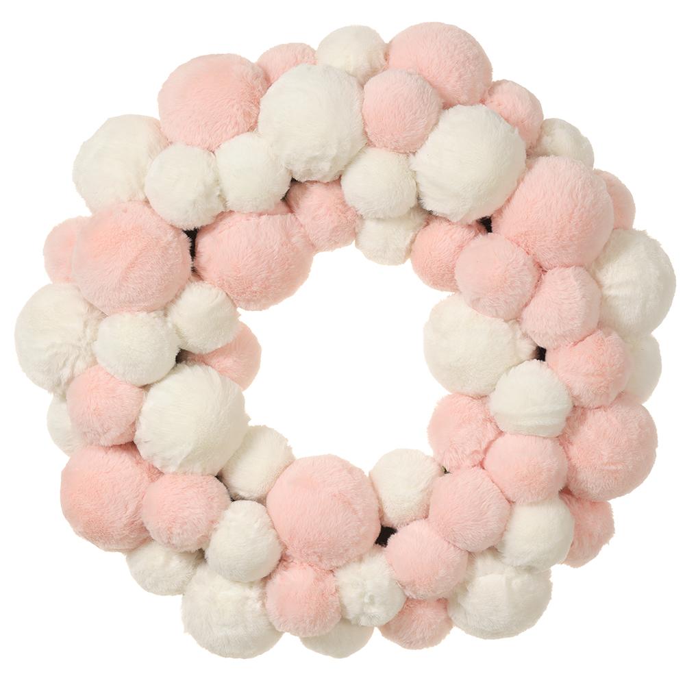 Blush pink and white fur ball wreath, 24 inches