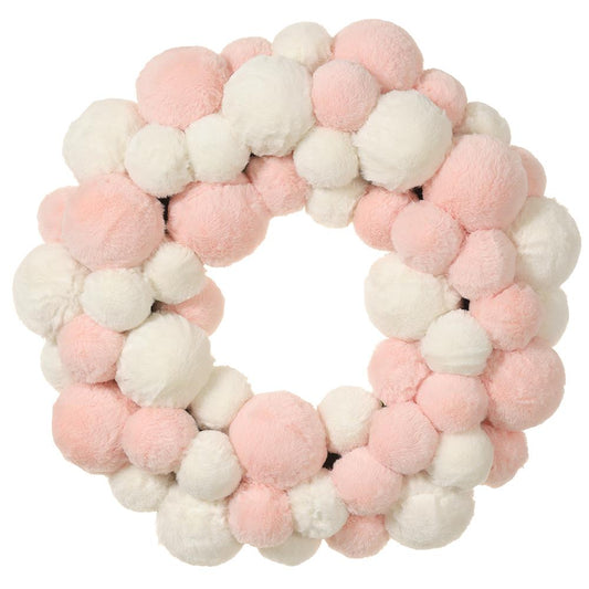Blush pink and white fur ball wreath, 24 inches