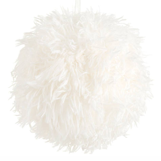 White faux fur ball ornament with fluffy feathered texture, 4.3 inches