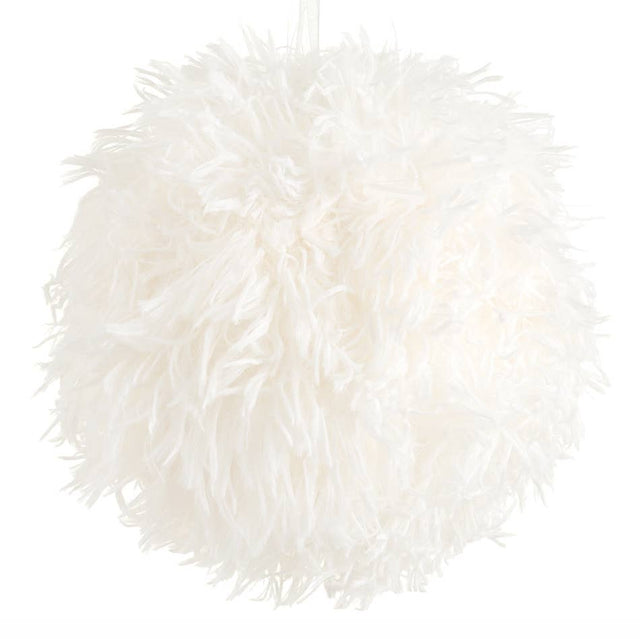 White faux fur ball ornament with fluffy feathered texture, 4.3 inches