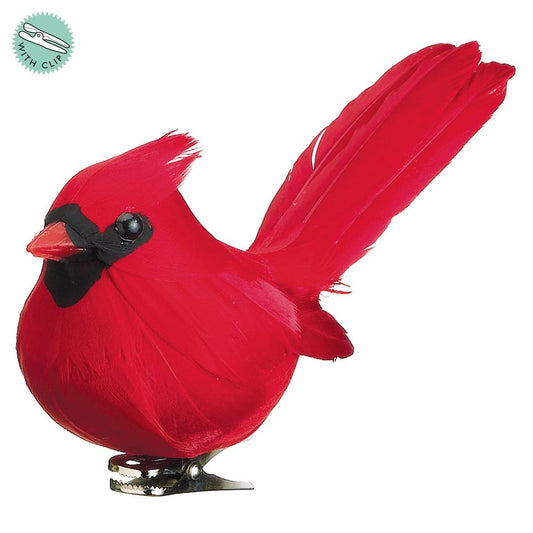 Red cardinal bird ornament with clip, 5 inches