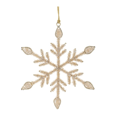 Gold snowflake ornament with beaded detail.