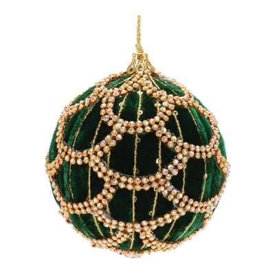 Emerald gem ball ornament with bejeweled detail.