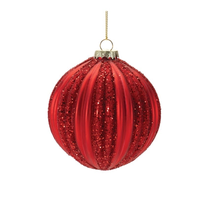 4" Red Glass Glitter Stripe Ball Ornament