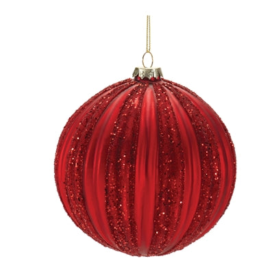 5" Red Glass Glitter Stripe Ball Ornament