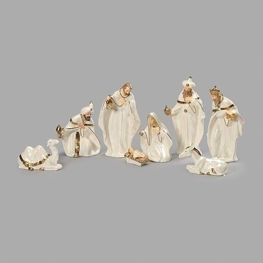 White nativity figurine set with gold accents, 8 pieces