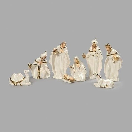 White nativity figurine set with gold accents, 8 pieces