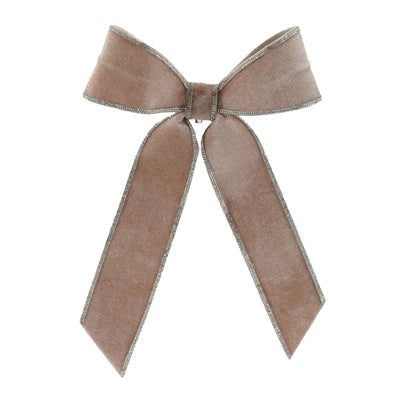 Beige velvet bow with silver glitter edging and long tails.