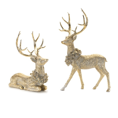 Gold resin deer figurines, reclining and standing, shown as a set of two.