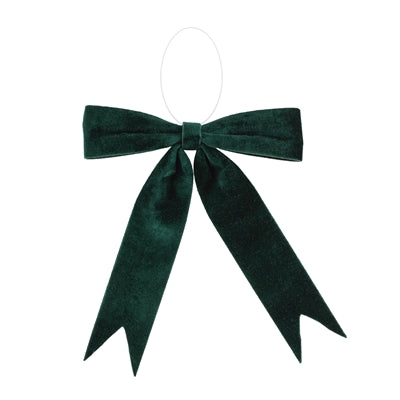 Emerald bow ornament with flowing loops.