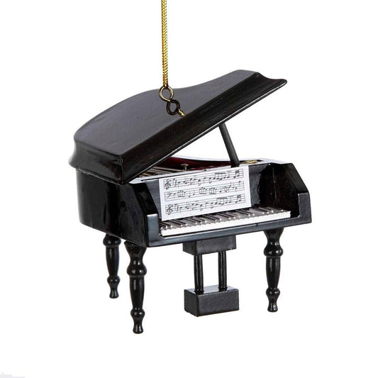 Black grand piano ornament with sheet music detail, 3 inches