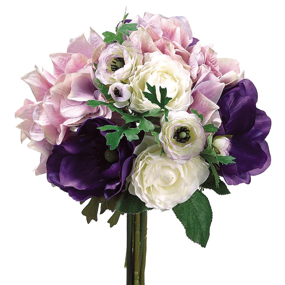 Purple lavender hydrangea ranunculus anemone bouquet, 10 inches