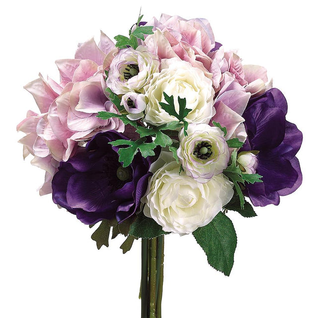 Purple lavender hydrangea ranunculus anemone bouquet, 10 inches