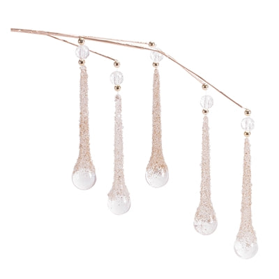 Clear glass icicle drop spray with frosted glitter drops on a gold-tone branch.