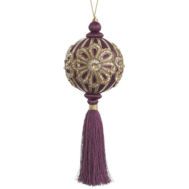 Burgundy ball ornament with gold jeweled trim and tassel, 11 inches