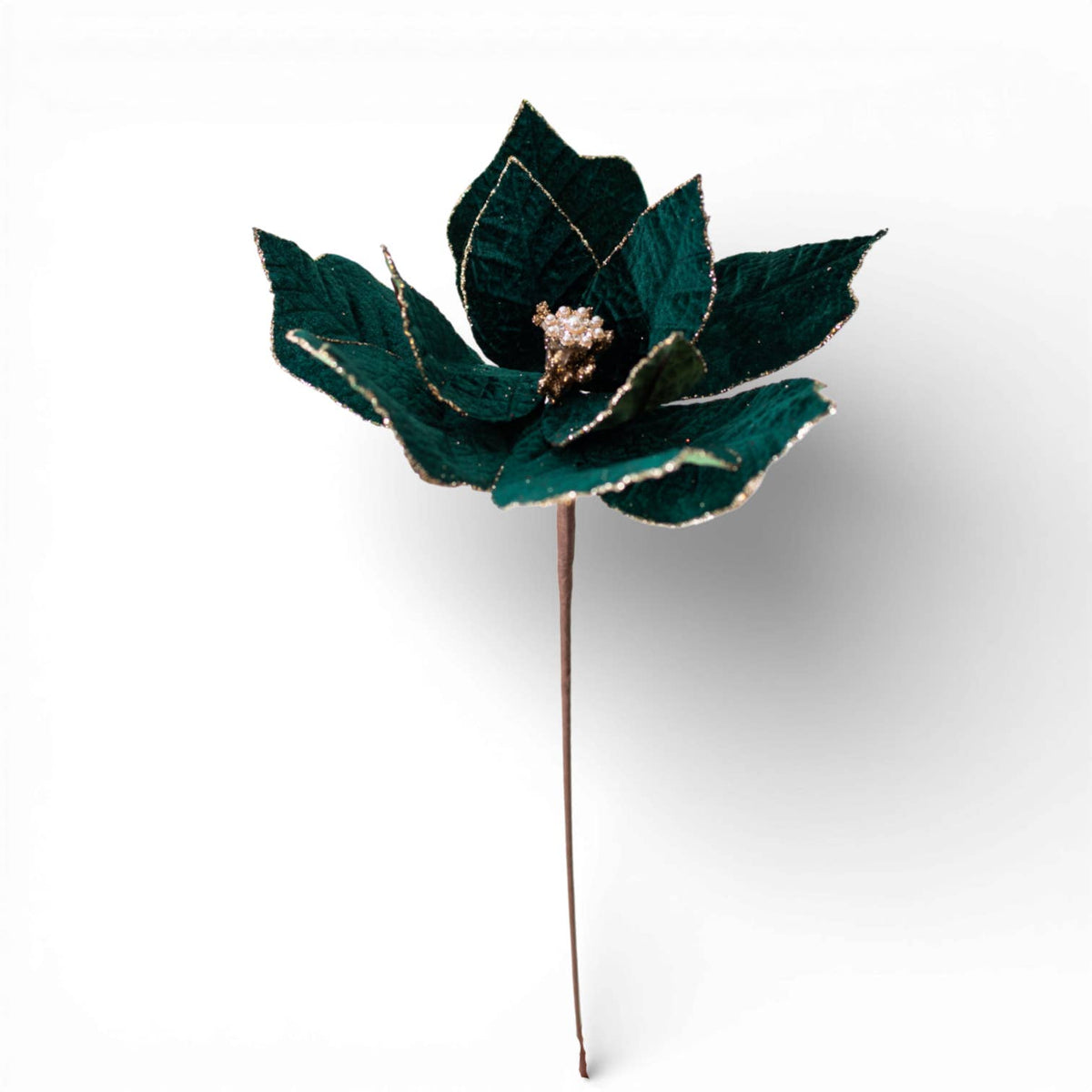 Dark green velvet poinsettia stem with gold glittered petal edges, 23 inches