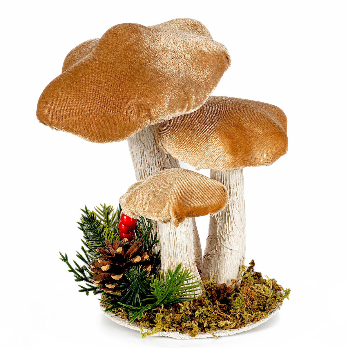 Brown velvet mushroom cluster with moss and pinecone base, 6 inches