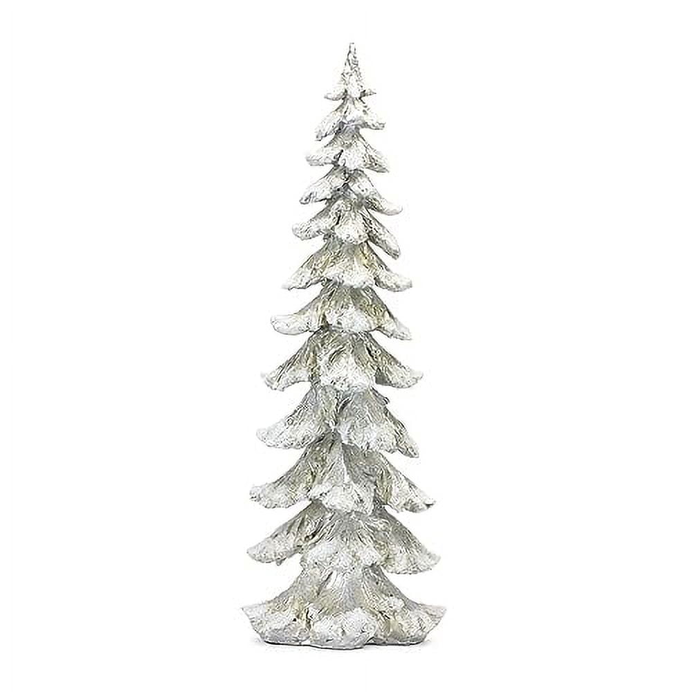 Silver resin decorative tree with layered pine branches.