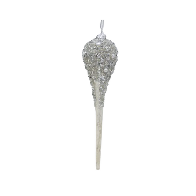 White glass finial ornament with beading and sequins along a grand finial profile.