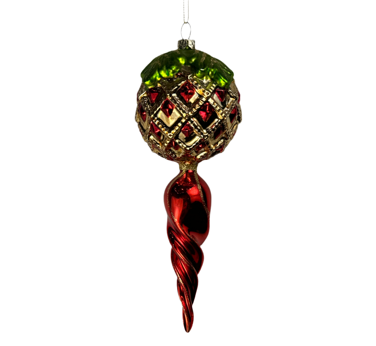 Red and green lattice ball ornament with a spiral drop.