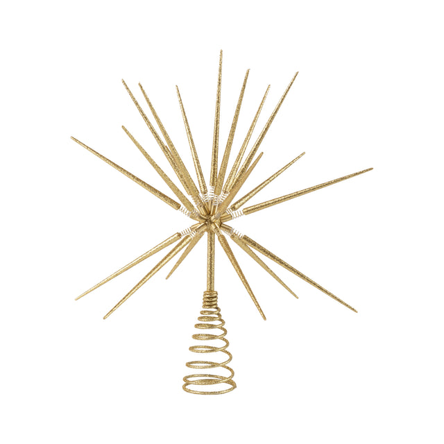 Gold starburst tree topper with radiating points.