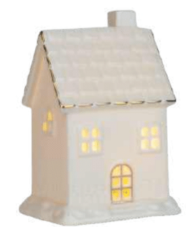 White porcelain village house with sculptural detail.