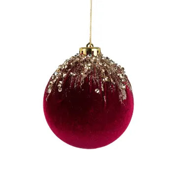 4" Burgundy Velvet Red Ball Ornament Gold Glitter