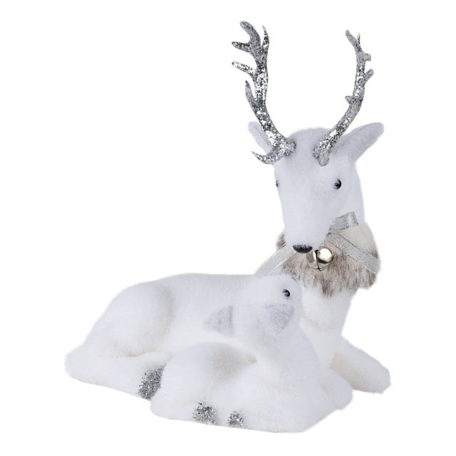 White deer mama and baby figurines with silver accents.
