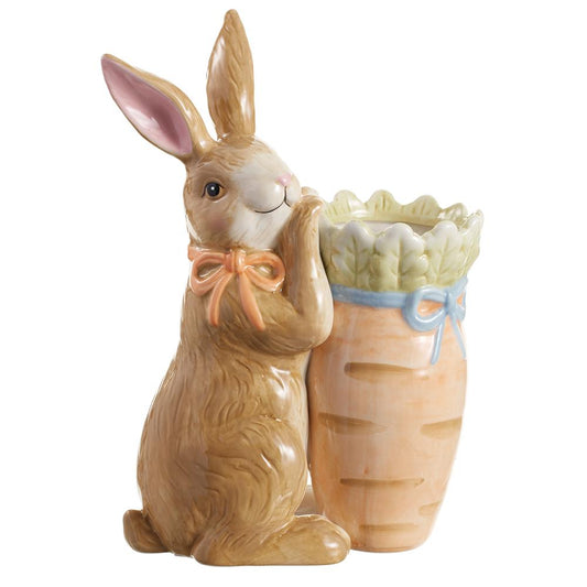 9" Bunny Holding a Carrot Planter Brown Orange