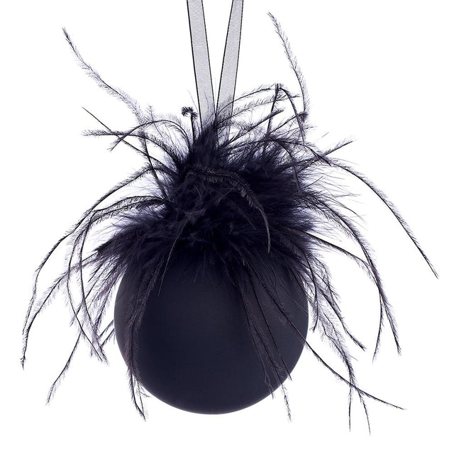Black glass feathers ball ornament with a feathered texture.