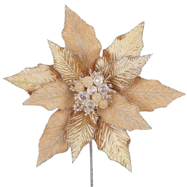 Gold poinsettia stem with layered festive petals.