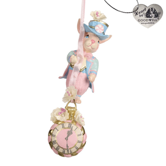 5.5" Candy Rabbit on Clock/Watch Pink Blue Ornament